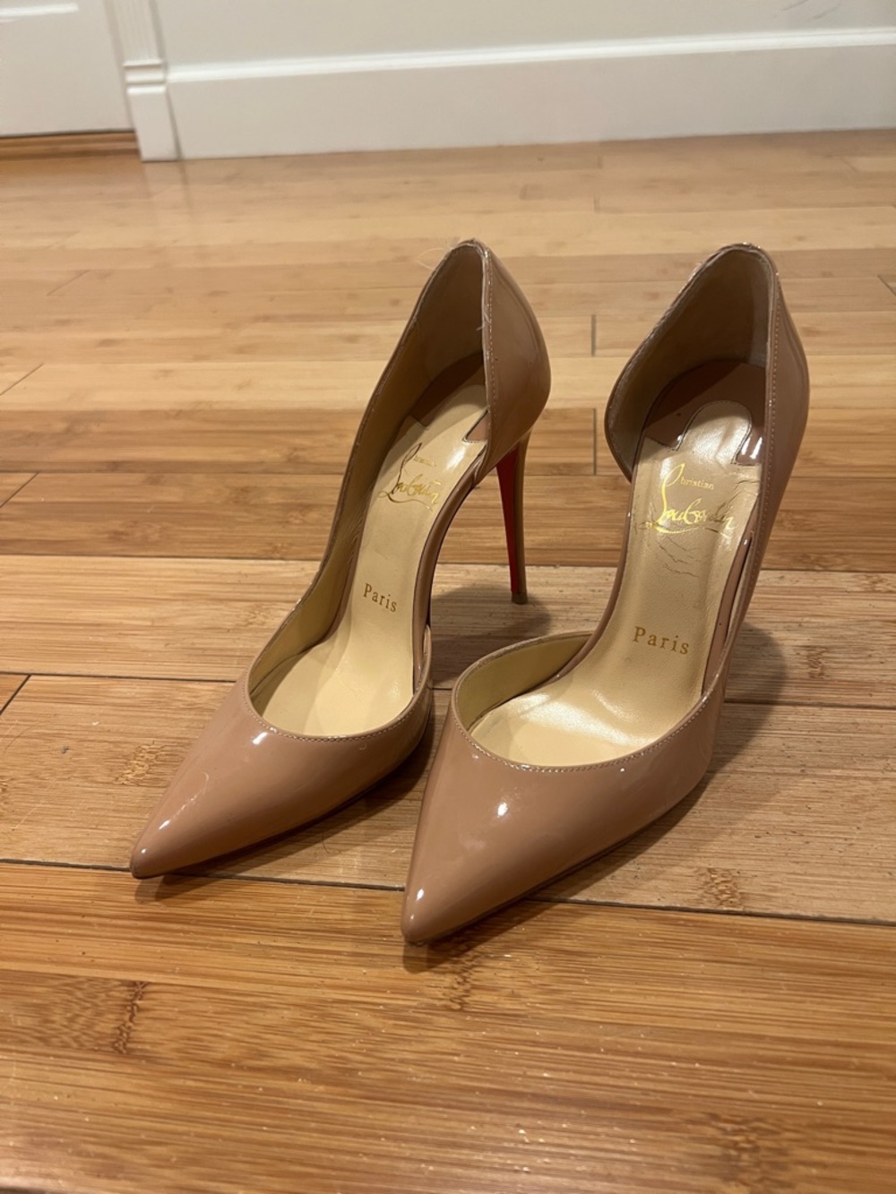 Christian Louboutin Nude Patent Pigalle 100 Pumps with Red Sole